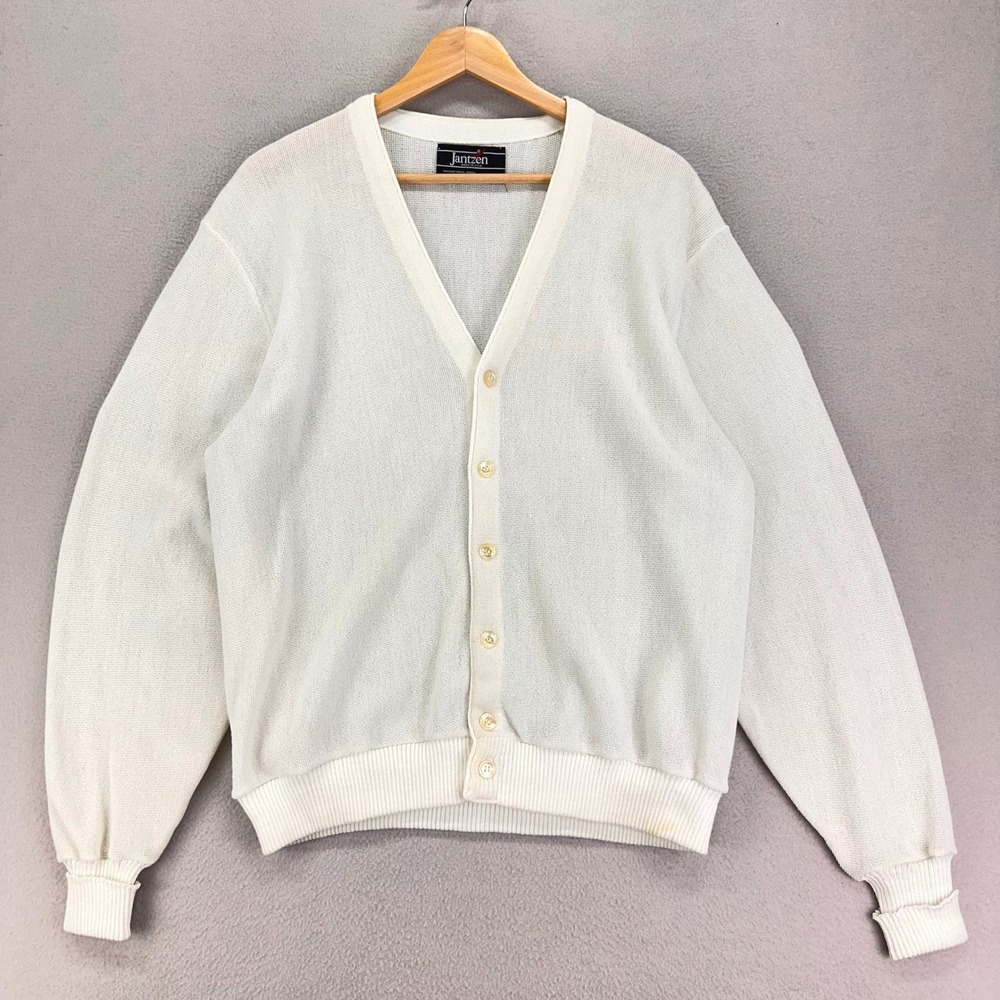 VTG Jantzen Cardigan Sweater Mens Large Cream 70s Knit Casual Preppy Grandpa USA